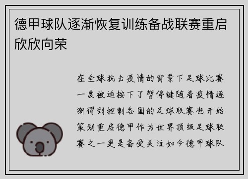 德甲球队逐渐恢复训练备战联赛重启欣欣向荣